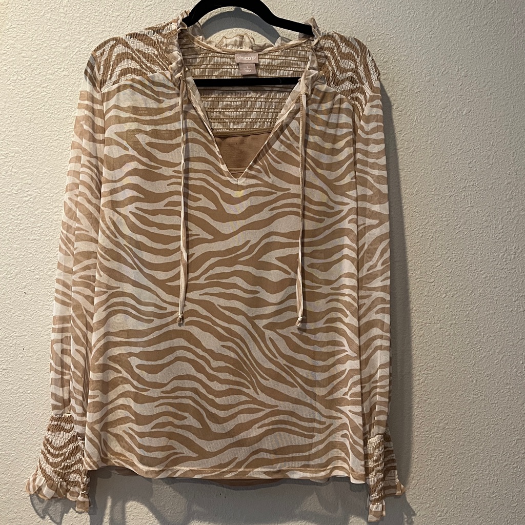 Chico's Sheer Beige Animal Print Blouse Sz 2 = L 12 Classic, Boho, Glam,